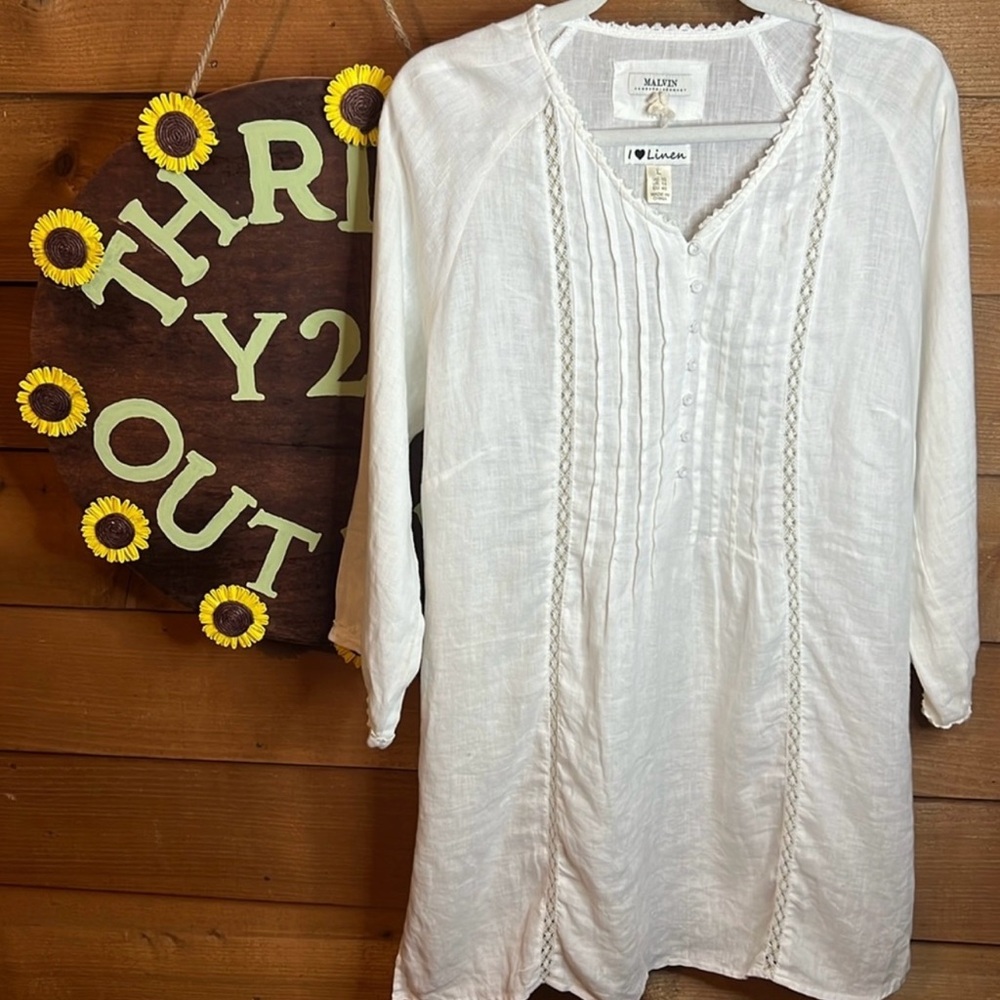 Malvin I love Linen Hamburg Germany Pleat Button Tunic Crochet Dress Boho Shirt